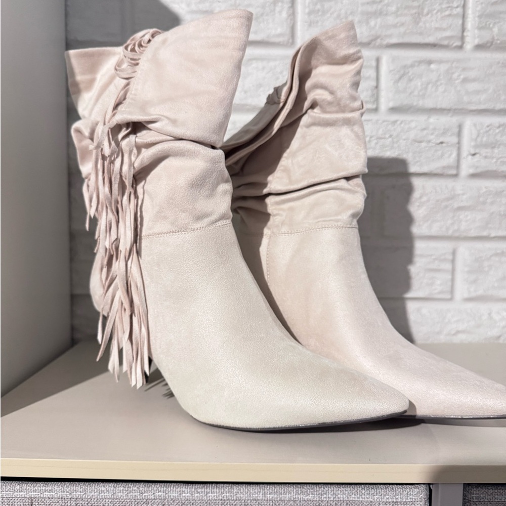 JustFab Light Beige Fringe Heeled Boots